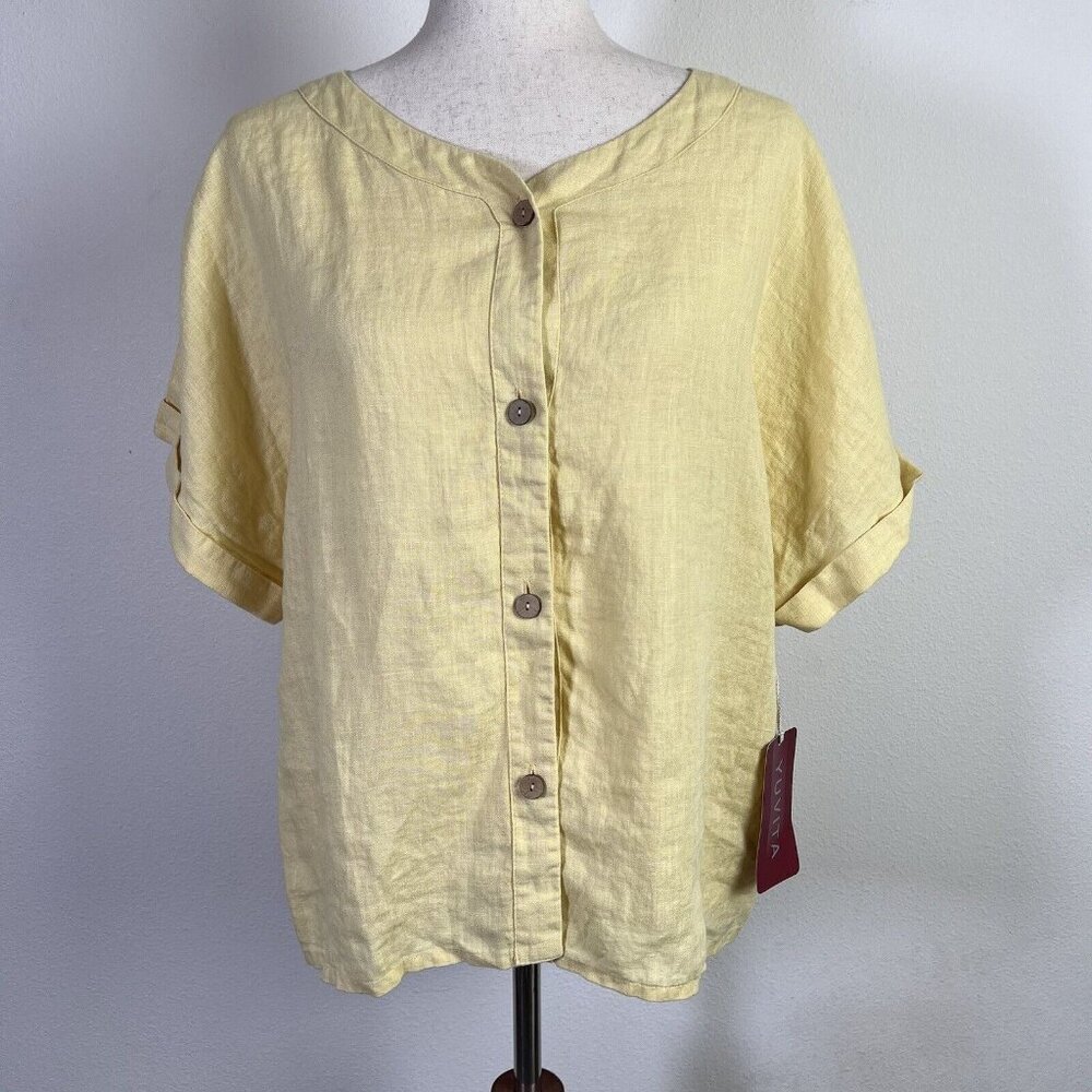Yuvita NWT 100% Linen Top Yellow Women's Large Boho Button Front Short Sleeve